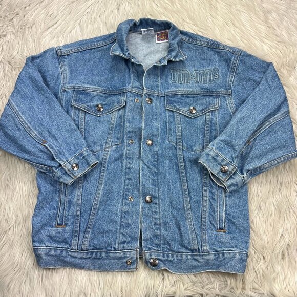 Vintage 90's Planet Mars Yellow Peanut M&M Embossed Denim Jacket - Picture 3 of 8